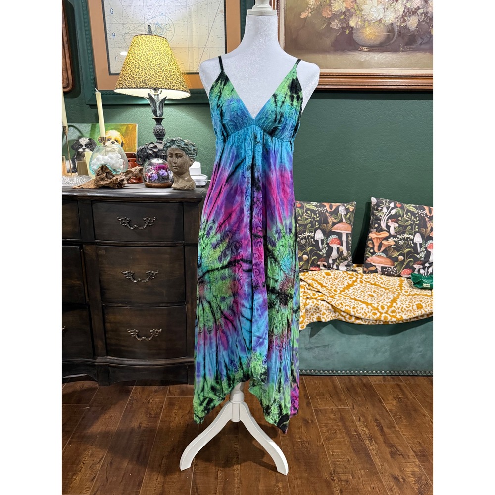 My Choice Tie Dye Handkerchief Hem Maxi Dress Blue Purple Green OSFM Boho Rayon